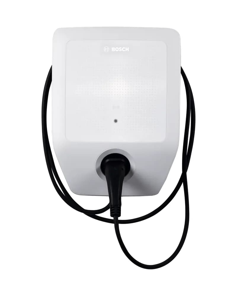 Borne de recharge Bosch Power Charge 7000i blanche, avec son câble Type 2 attaché enroulé