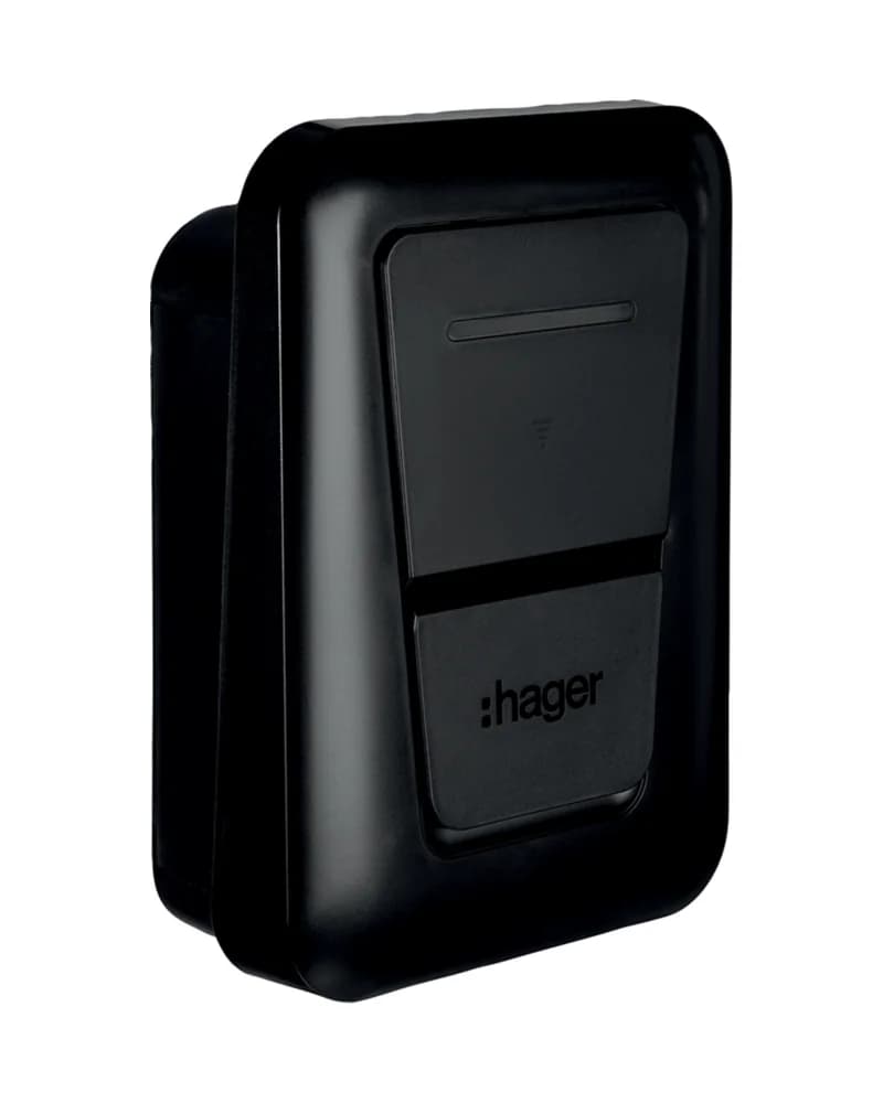 Borne de recharge Hager Witty One noire, vue de trois quarts, prise Type 2S fermée