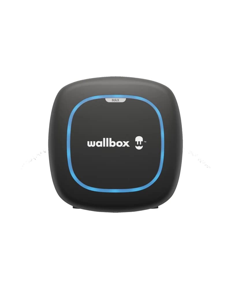 Borne de recharge Wallbox Pulsar Max vue de face, anneau lumineux bleu allumé